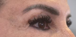 Detailed photo showing a brown eye with long eyelashes and eyebrow.